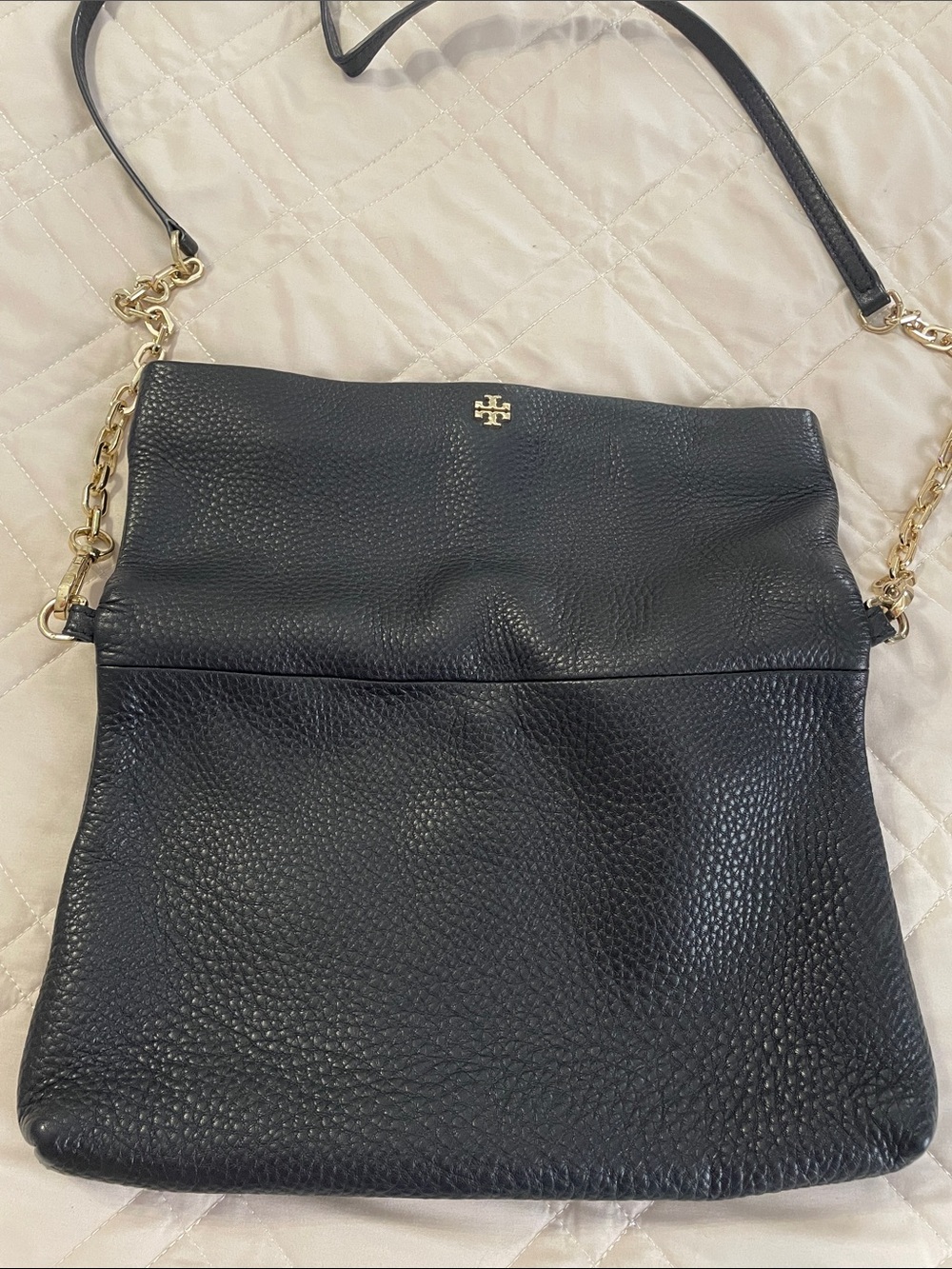 Tory Burch Black Pebbled Leather Fold-Over Crossbody with Gold Chain - Picture 3 of 9